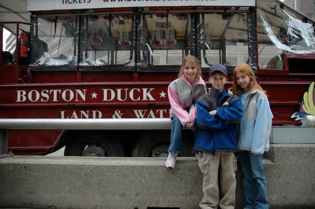 Triplets, age 10, about to go on a Boston Duck Tour (land and water tour)