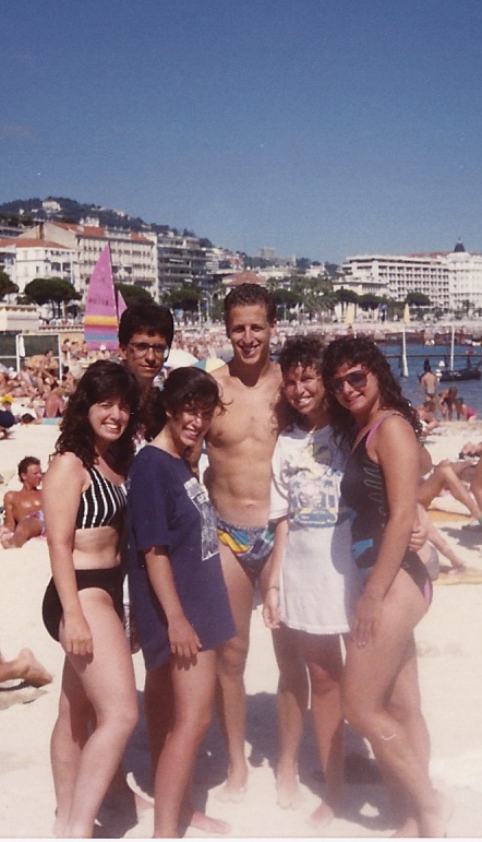 Nice, France, 1988, I'm on the right in the black whole piece. Ilene is wearing a white t-shirt. The blonde guy in the Speedo was someone we met that day. The other three people are other student backpackers. Peter is not pictured in any of these photos.