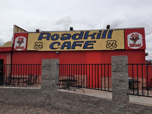 Not only did Roadkill Cafe in Seligman, AZ have "interesting" names for menu items (it's motto is "You kill it, we grill it."), it had a room full of taxidermic animals. After a minute, the heebie jeebies kicked in and I had to get some fresh air. But, their mocha coffee was to-umm-die for.